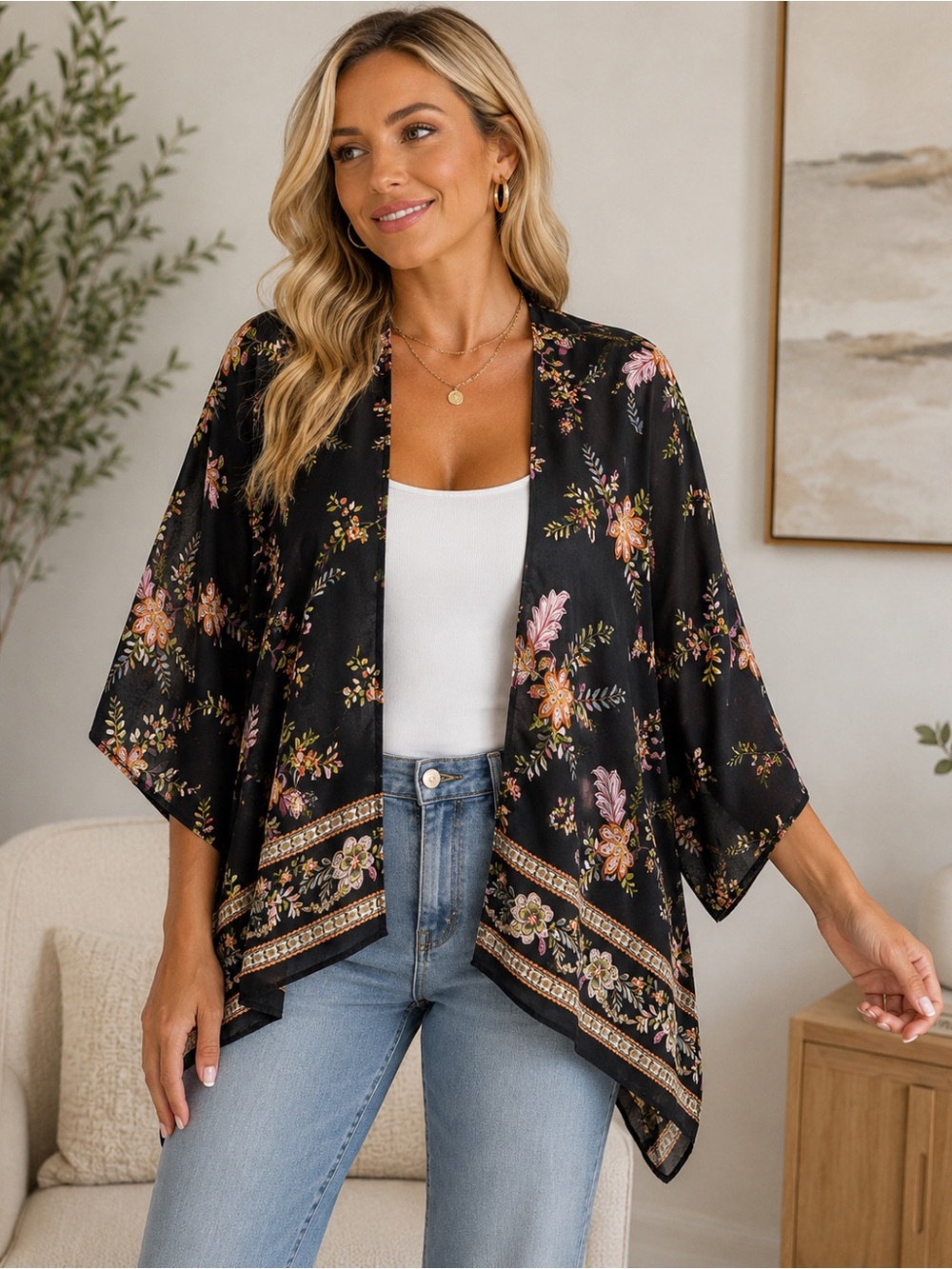The Outfit Floral Boho Kimono Cardigan Black One Size Open Front Lightweight EUC